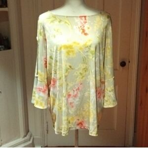 NEW Susan Graver Yellow Boat Neck Split Flare Sleeve Top Relaxed Fit Size XL